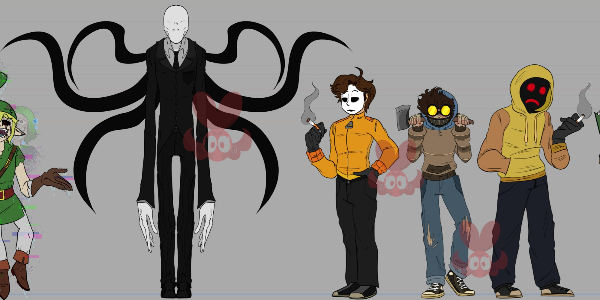 Some faceless guy he doesn't have a name right?, Masky, Toby, Hoodie