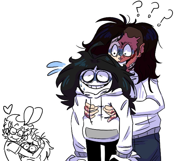 Doodles of Jeff the Killer picking up a smaller Jeff the Killer in confusion. A doodle of me hugging Jeff the Killer.