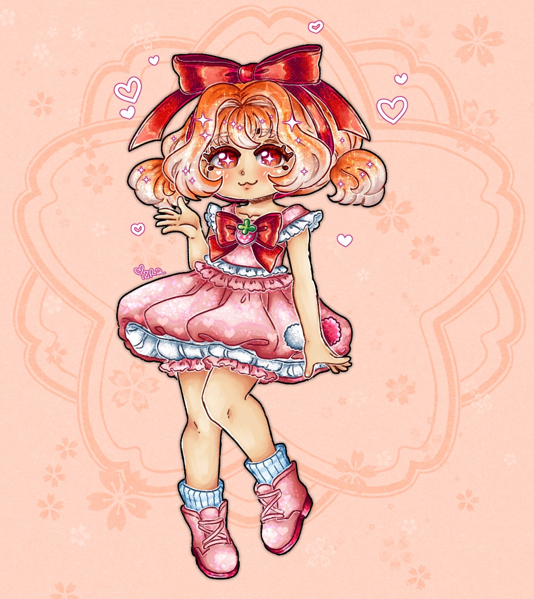 Drawing based off the ball joint doll Berries, she has a few extra embellishments I added to her original design like the bow on her head and the strawberry on her chest bow. She's clad in pink, red, and white with light blue socks