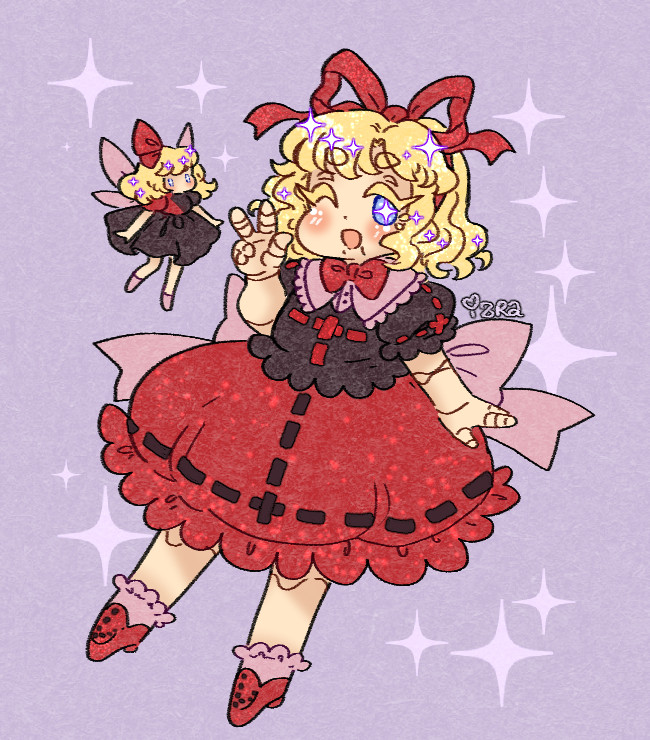 Medicine Melancholy and Suzuran from Touhou Project, they're both clad in red, light pink, and a purplish dark red
