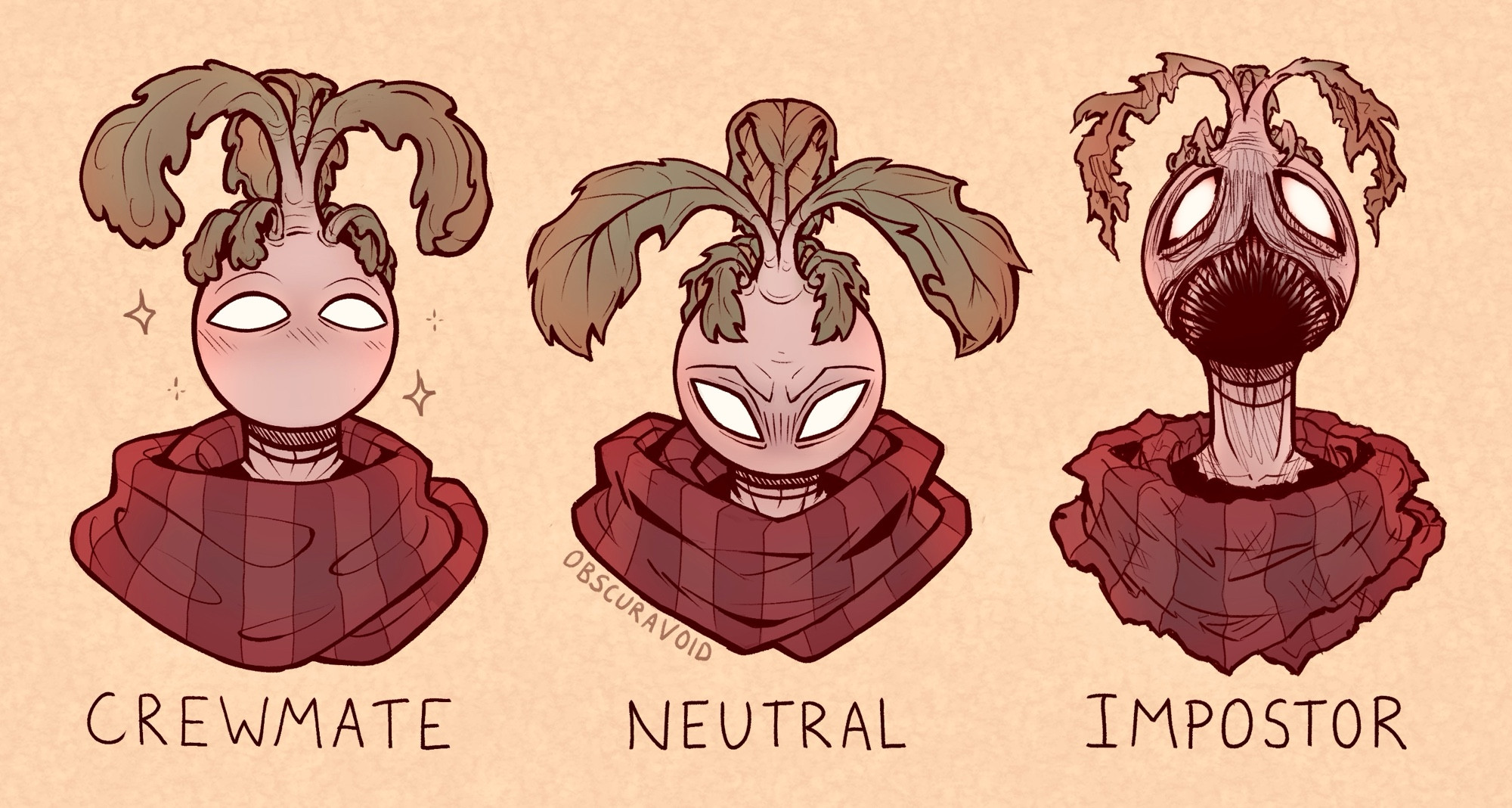 3 digital drawings of 5up's Among Us character from the neck up. The first one, labeled "Crewmate," has a calm expression and rounded edges. The second one, labeled "Neutral," has an aggressive frown, sharper edges, and darker shadows. The third one, labeled "Impostor," has shriveled leaves, sunken eyes, and a mouth that takes up half its face with a single row of sharp teeth. 