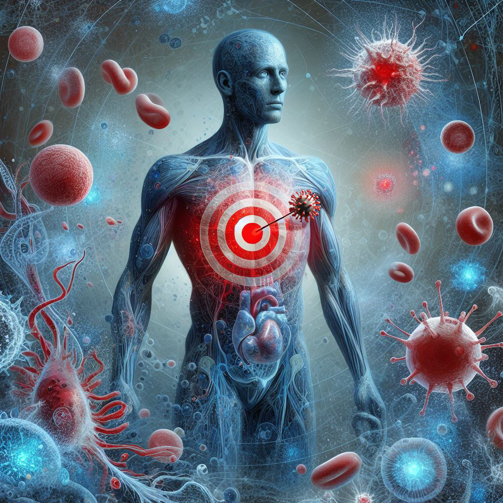 Graphic of a person's body with a target on their chest and a COVID-19 arrow sticking in the bullseye, depicting an artistic representation of immune dysfunction. Prompt: "Create a graphic of immune dysfunction" by Microsoft Copilot.