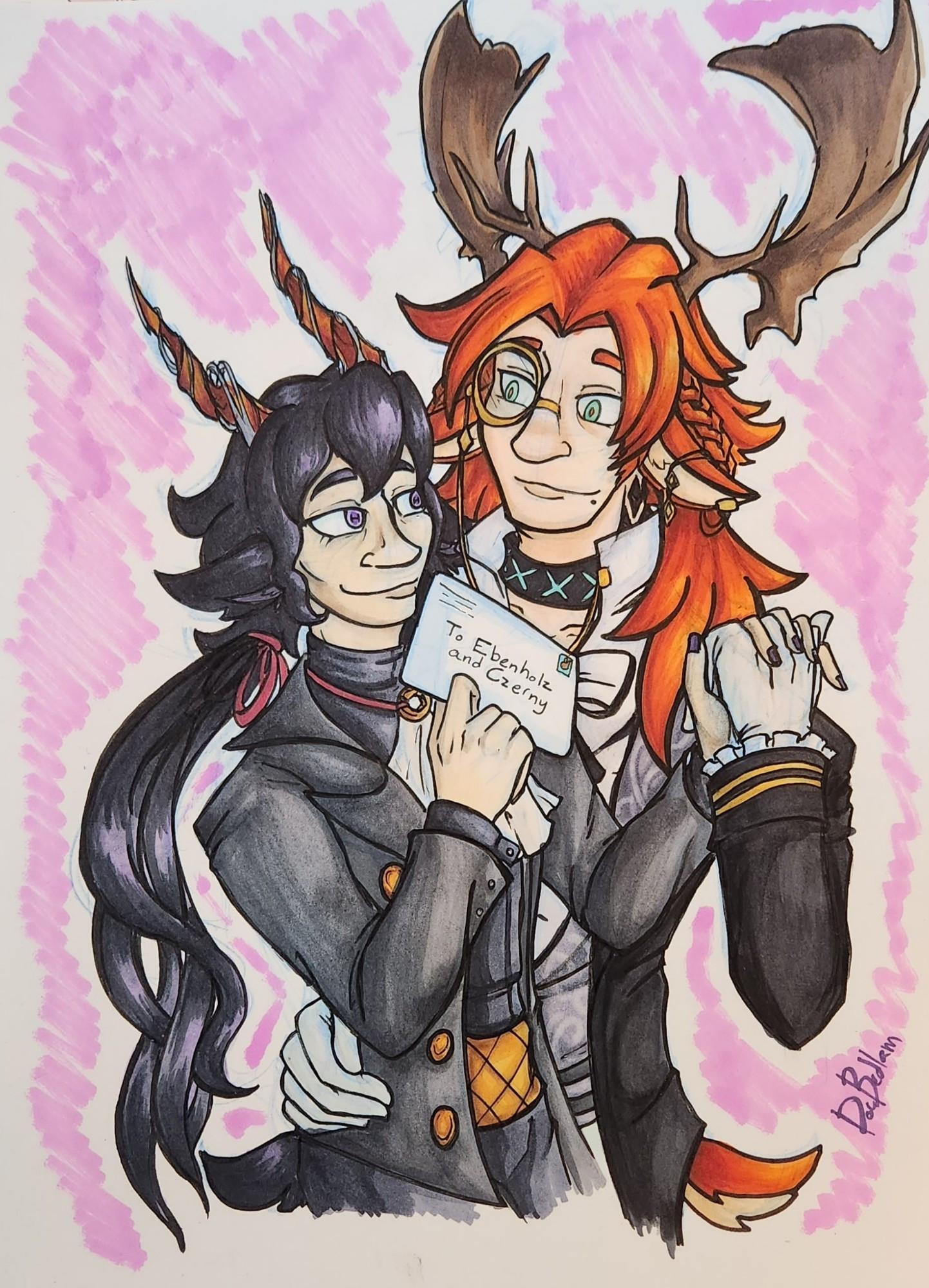 A colored illustration of Ebenholz and Czerny from Arknights. They are embracing, gazing at each other fondly, while Ebenholz holds up a letter addressed to both of them.