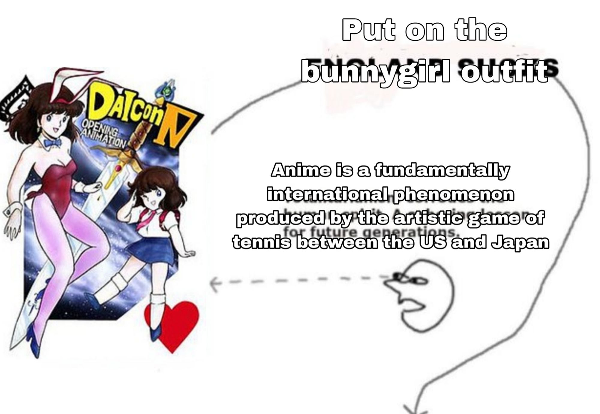 Image of person looking at Daicon 4. Person is getting the message "Anime is a fundamentally international phenomenon produced by the artistic game of tennis between the US and Japan" with the true message going over his head of "Put on the bunnygirl outfit"