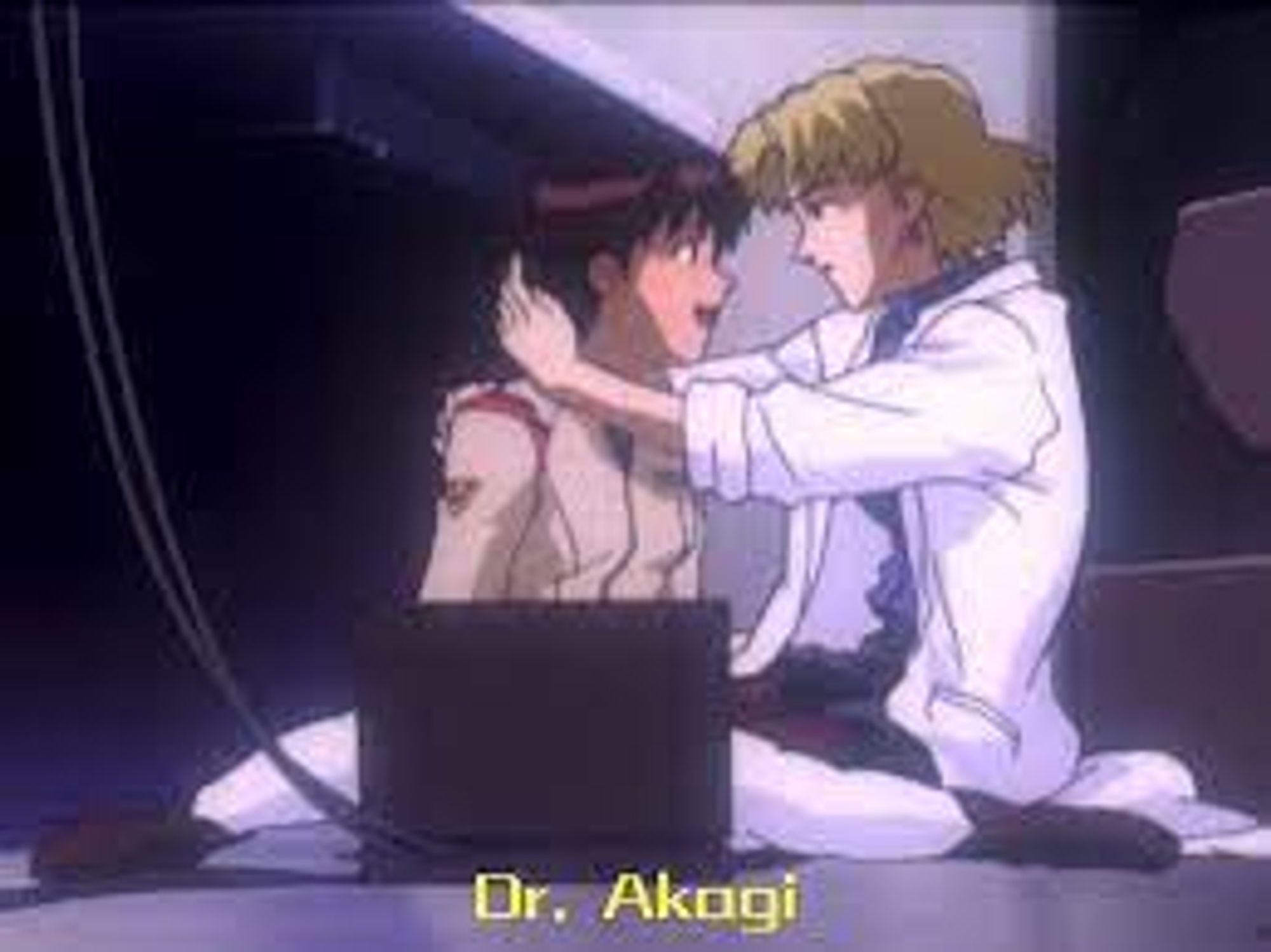 A very low quality image of a scene from End Of Evangelion in which Maya Ibuki hallucinates Ritsuko Akagi holding her