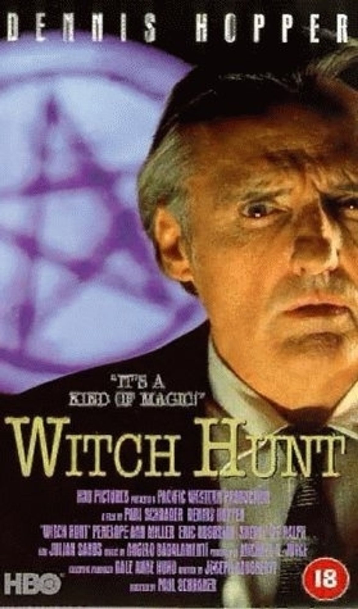 A Canadian VHS cover for 1994's WITCH HUNT, featuring a confused-looking Dennis Hopper.