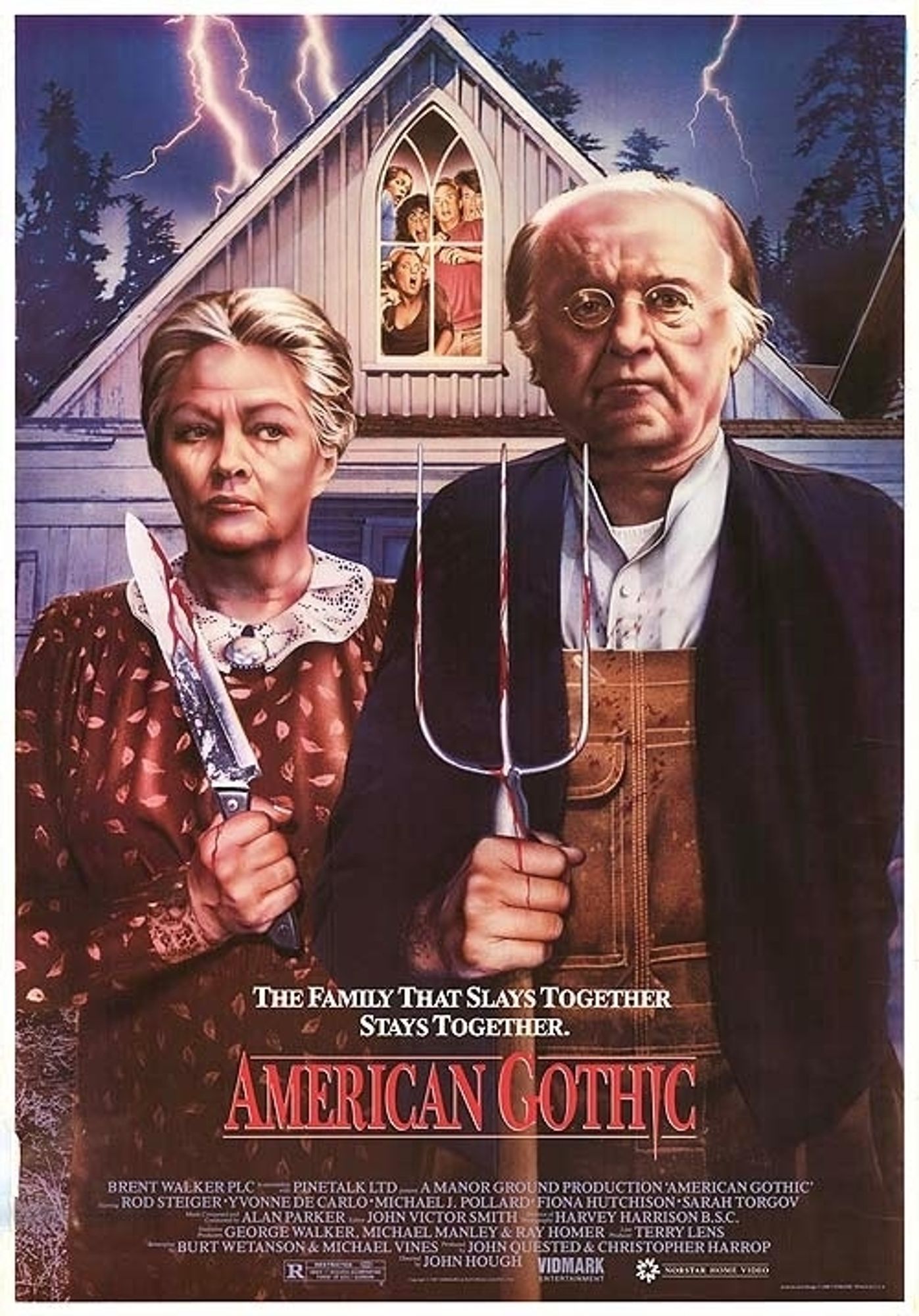 The theatrical poster for 1988's AMERICAN GOTHIC, featuring Yvonne De Carlo (holding a bloody knife) and Rod Steiger (holding a bloody pitchfork) posed as the figures from the Grant Wood painting in the foreground. In the background, several screaming people can be seen (through a window) trapped in an attic. There's lightning in the dark sky.