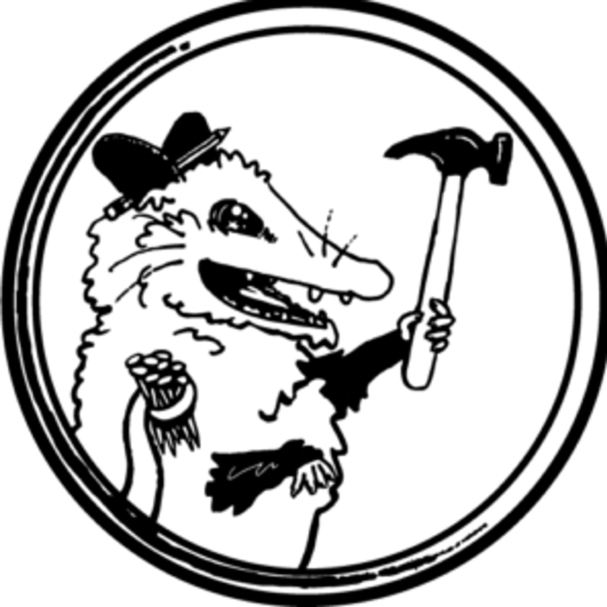 black and white logo of opossum with hammer