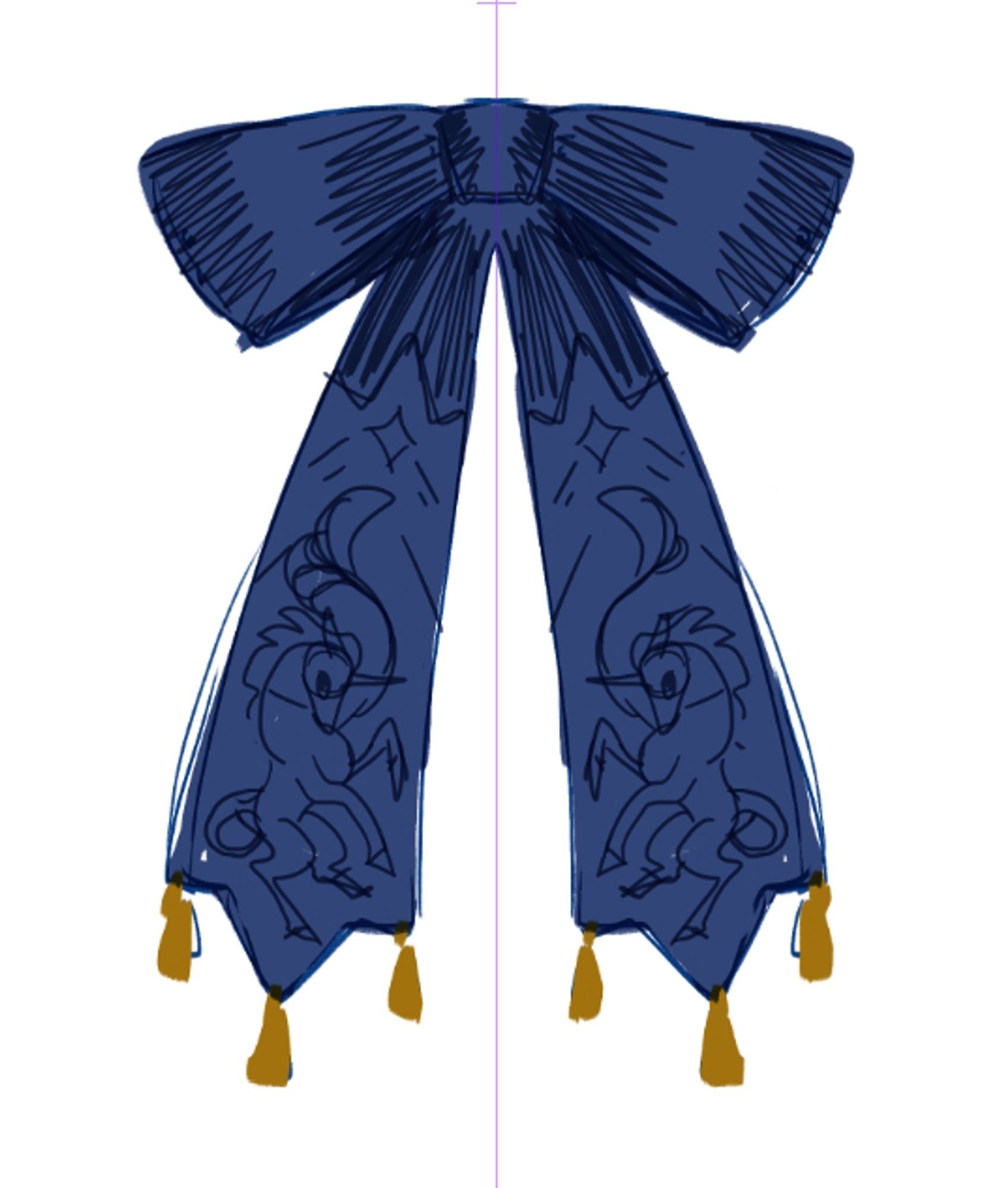 Digital sketch of Blue ribbon with gold tassels and unicorn design