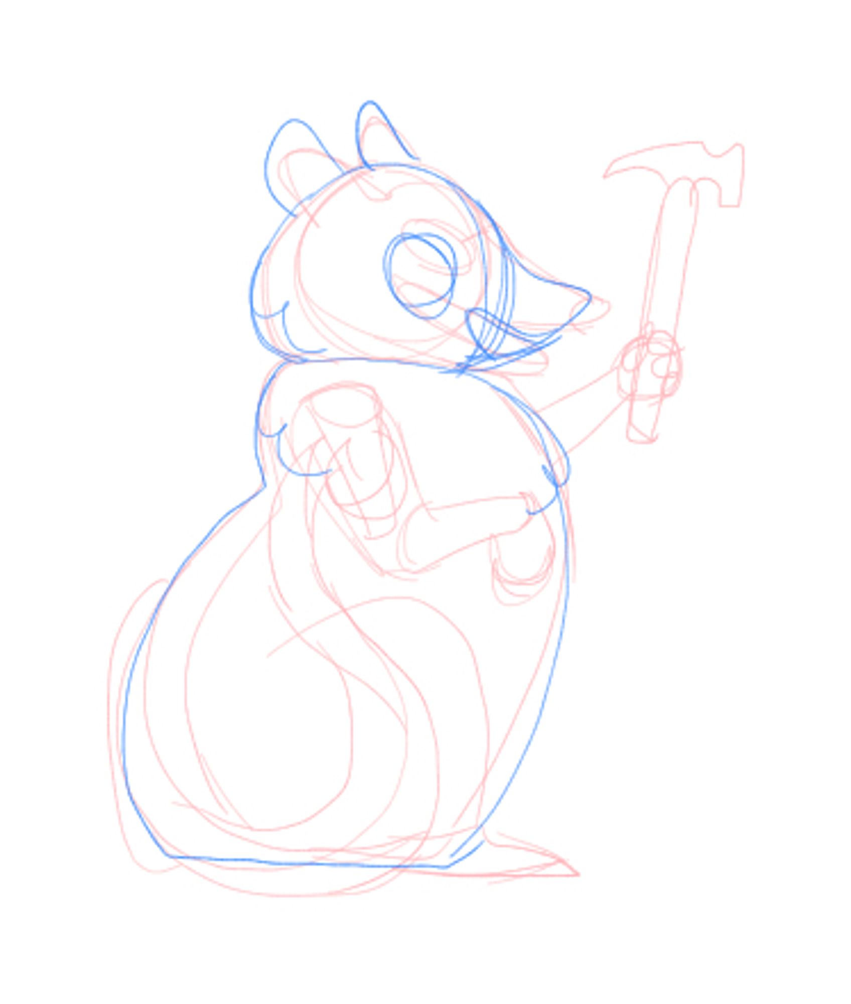 digital sketch of opossum with hammer