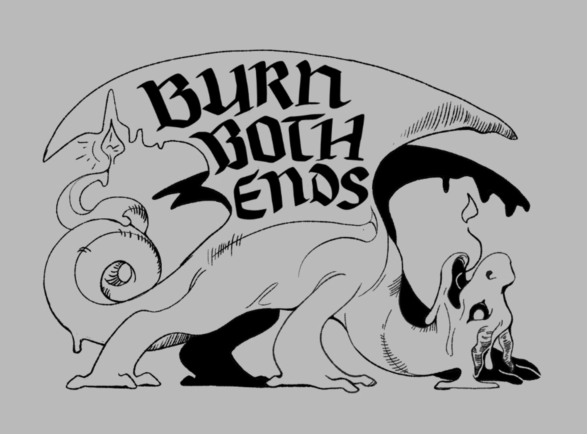 a black and white lineart design of a melting wax dragon with the words 'BURN BOTH ENDS' on its wings