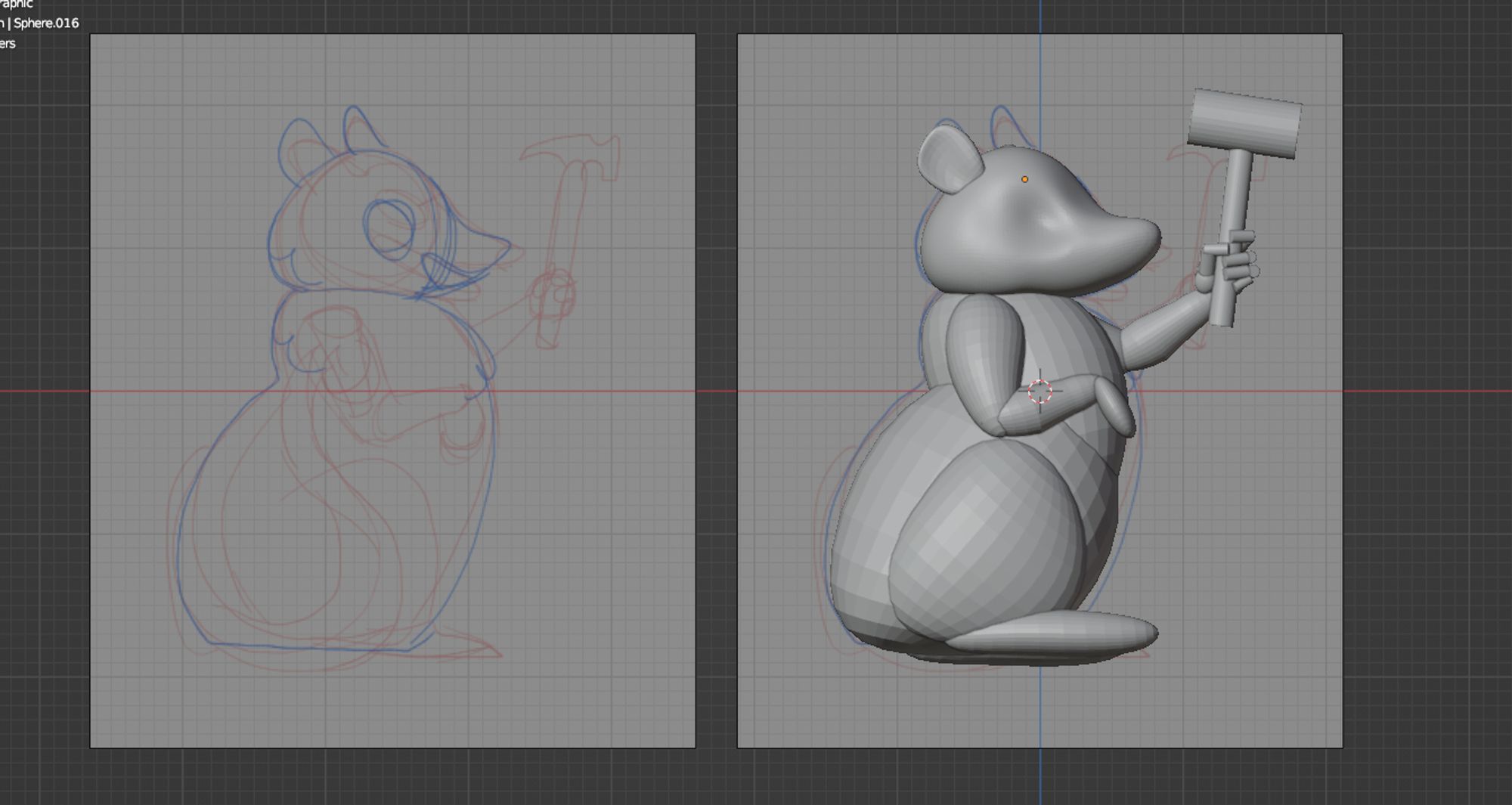 blender workspace with reference sketch of opossum with hammer and 3d blockout