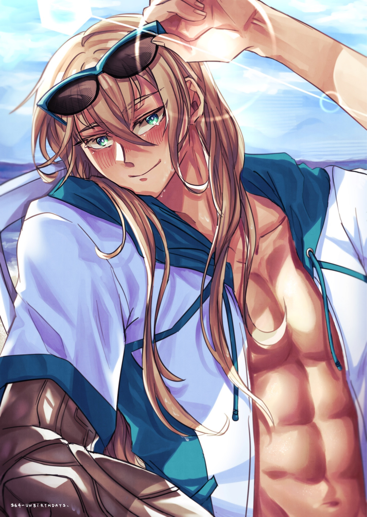 Bedivere (Fate/Grand Order), a brown-blonde young man with one arm in an armored prosthetic, wearing a simple white-and teal summer jacket and lifting a pair of dark sunglasses under the shade while staring directly at the viewer.