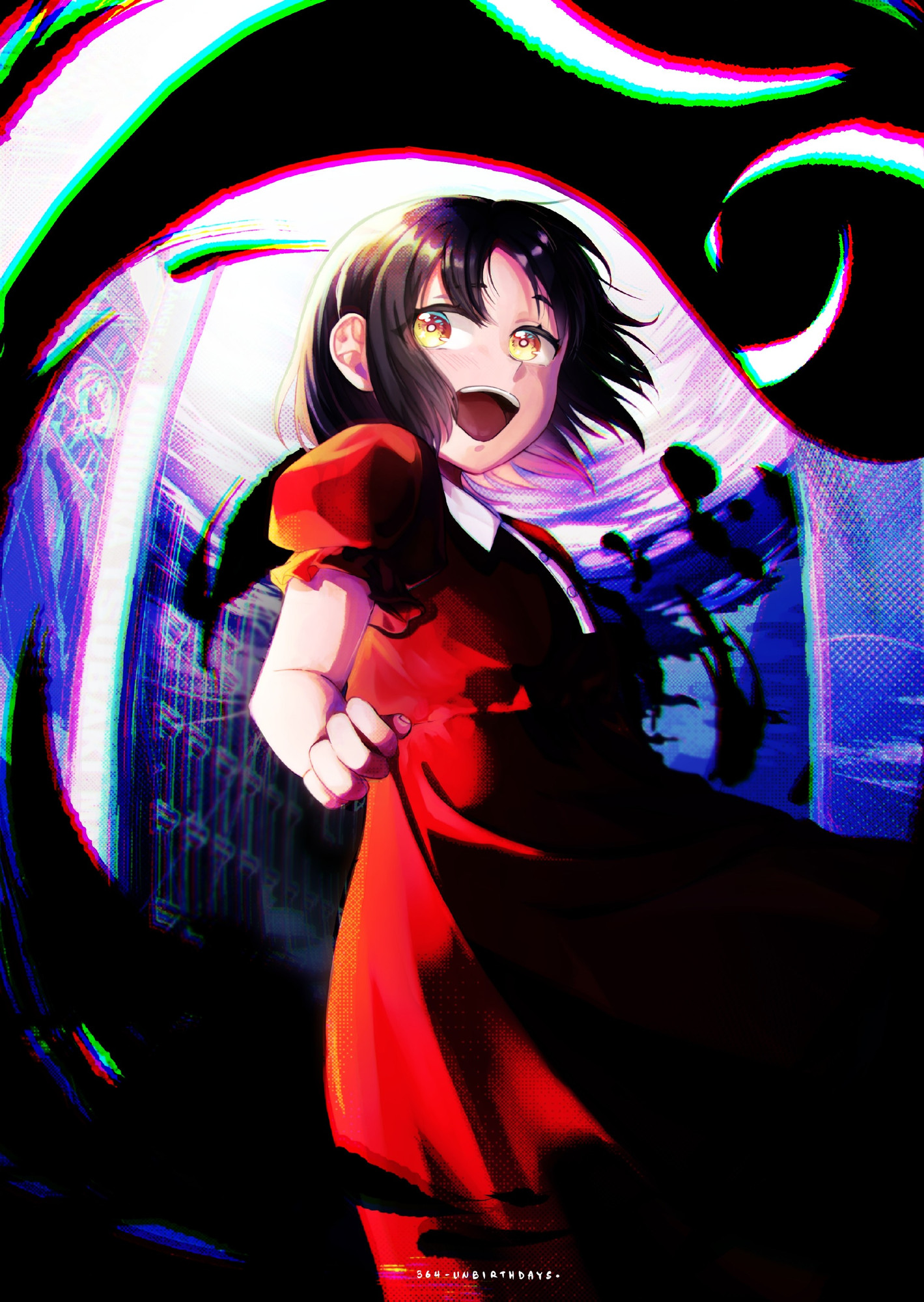 Young girl (Kuruoka Tsubaki from Fate/Strange Fake) surrounded by a glitchy landscape of a town which is broadcasting her hospitalized real self. Swirling around her is Pale Rider, a dark spirit.