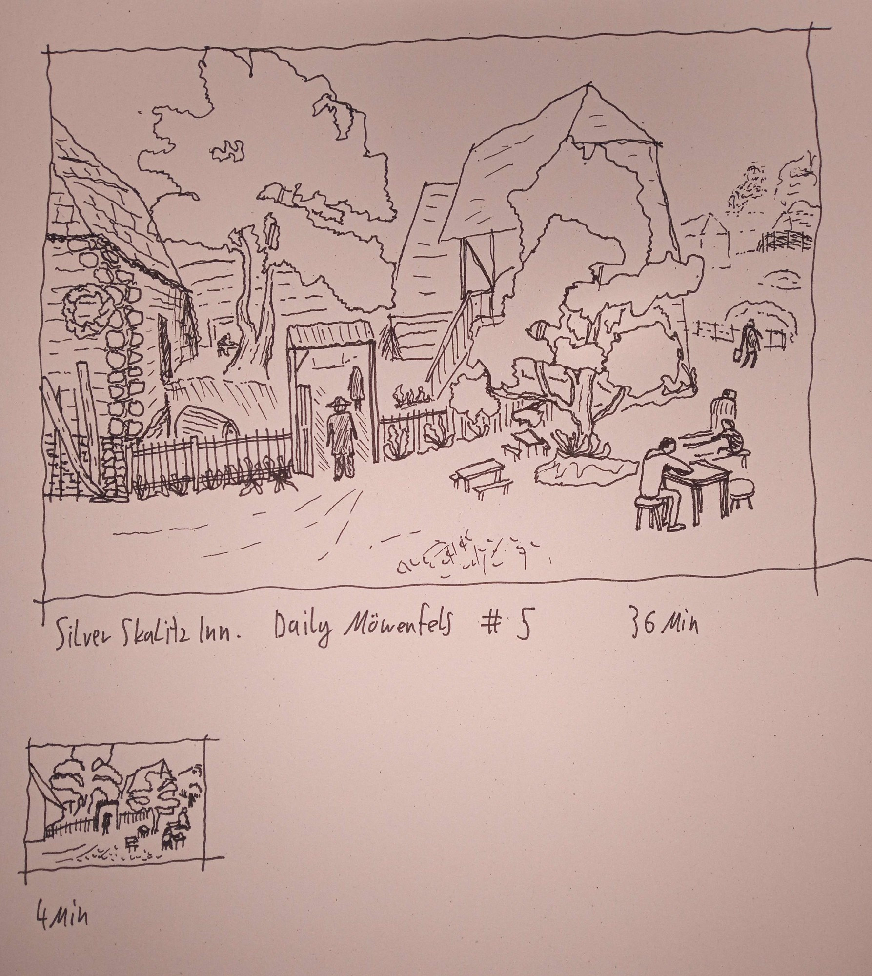 Daily Möwenfels Sketch Nr.5 Silver Skalitz Inn.
Before i drew the big scene i made post stamp sized minisketch to get a feel for it.
Its final proportions are too square and the scene is a little squshed together. Angles are off, the fence has two versions, one where i added the plants in front of it after and one where i drew them first.
The people are vaguely identifiable as such. The background scenery to the right was done with a lighter touch, as to imply their farther away distance.