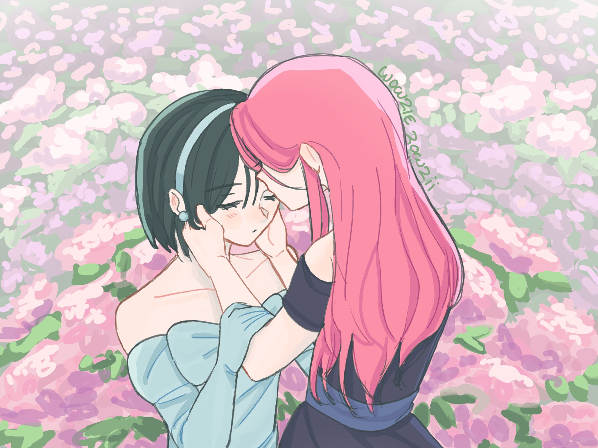 A drawing of Mizi and Sua in their round one outfits. In the drawing, the two girls stand in front of a pink flower field. Mizi is turned towards Sua, cupping her face. Sua holds onto Mizi’s hands. Sua has her eyes closed. the sun washes the two girls in backlight