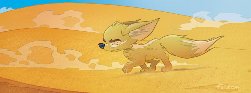 drawing of a fennec fox in the desert with some wind in the face
un dessin d'un fennec dans le désert avec du vent dans la figure