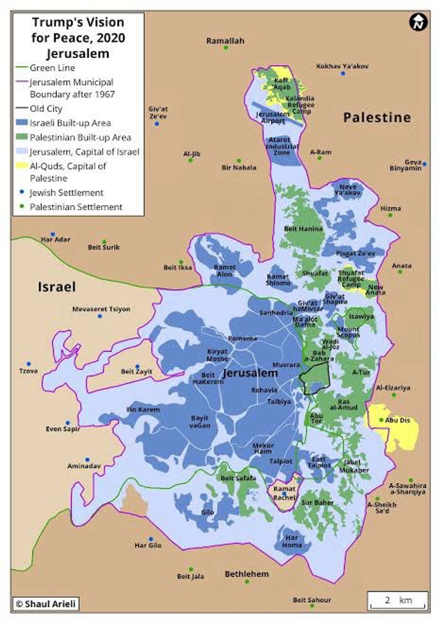 Map:

Trump's Vision for Peace, 2020
Jerusalem
green ane
Jerusalem Municipal
Boundary after 1967
Old City
# Israeli Built-up Area
Palestinian Built-up Area
Jerusalem, Capital of Israel Al-Quds, Capital of Palestine
• Jewish Settlement
• Palestinian Settlement