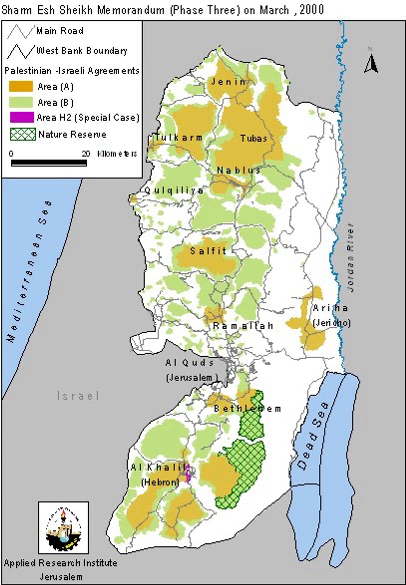 West Bank Map showing cities & borders:

Sham Esh Sheikh Memorandum (Phase Three) on March, 2000

Main Road
West Bank Boundary
Palestinian Israeli Agreements
Area (A)
Area (B)
Area H2 (Special Case)
Nature Reserve

Jenin
Tubas
Nablus
Qulqiliya
Salfit
Ram Allah
Ariha (Jeri oho)
Al Quds (Jerusalem)
Dead Sea
Al Khalil (Hebron) 
Applied Research Institute Jerusalem