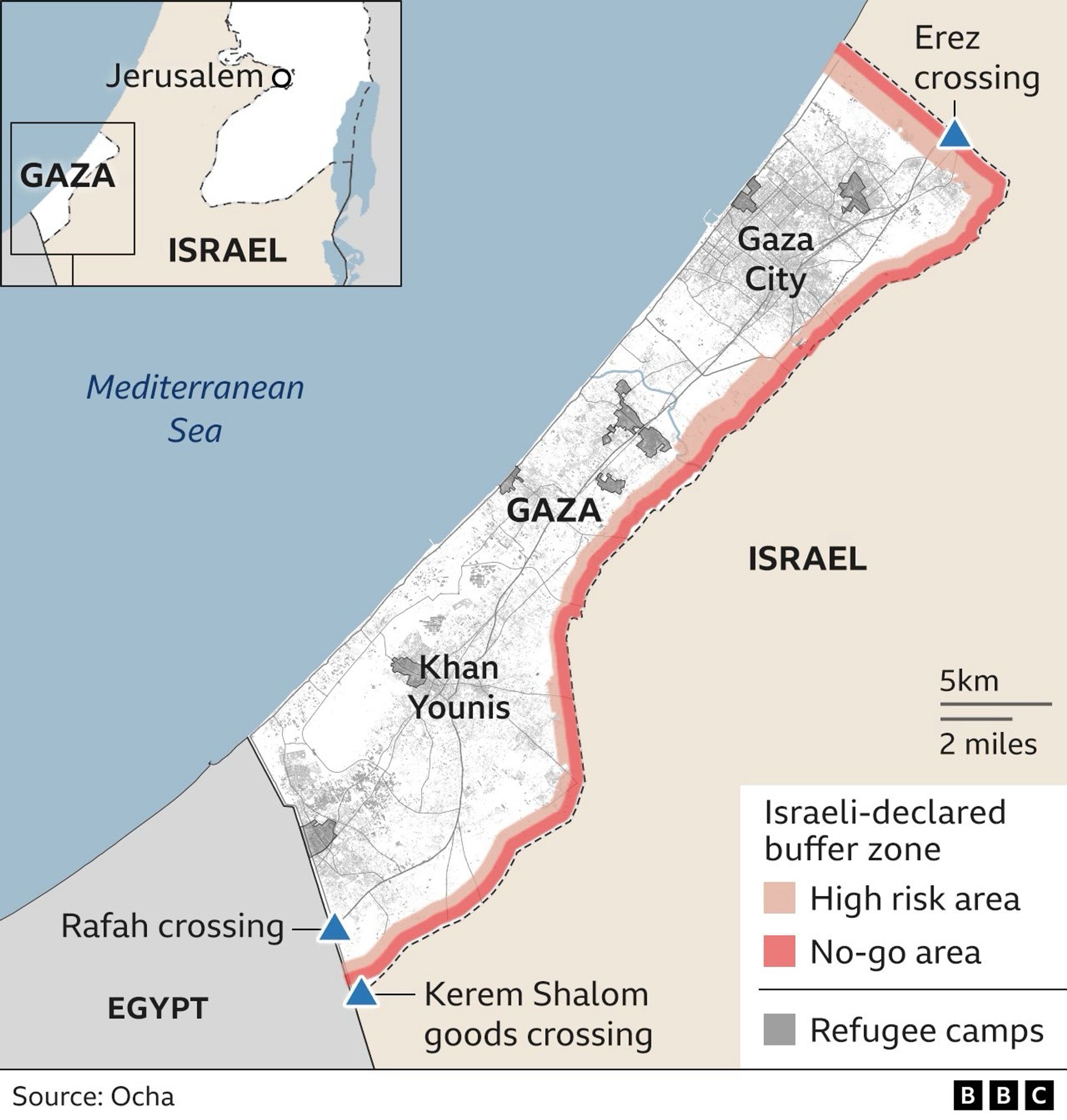 Gaza map showing crossings 

Israeli-declared buffer zone
High risk area
No-go area

Refugee camps