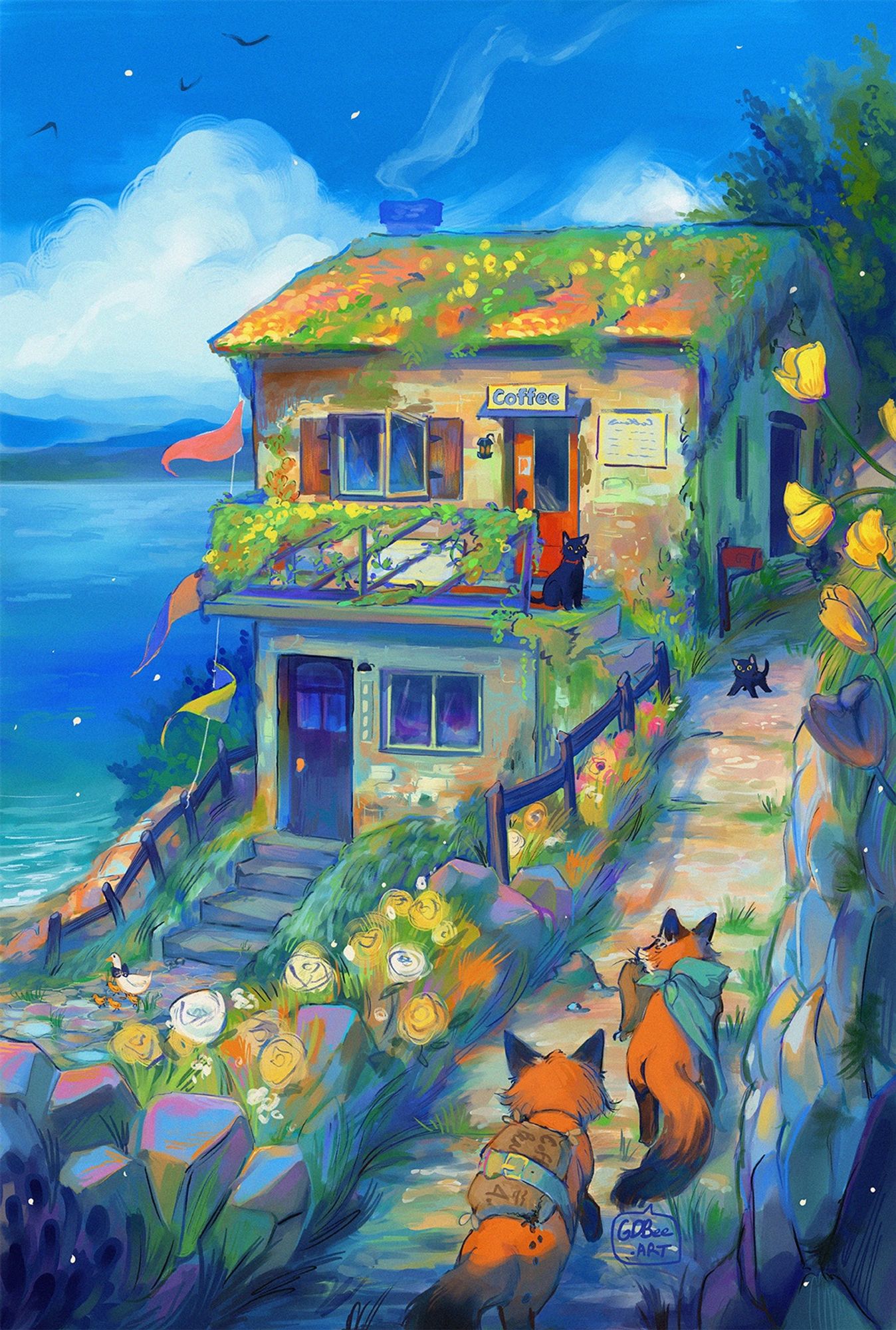 Illustration. Two foxes are delivering coffee beans to a coffee shop by the sea. They are on a rocky path flanked by flowers. There is a parent cat waiting near the door. A kitten is standing in the path anxiously. The shack is two story with a house underneath and the sea in the distance. There is a duck and ducklings near the first story house. Drawn in paint tool sai by gdbee art