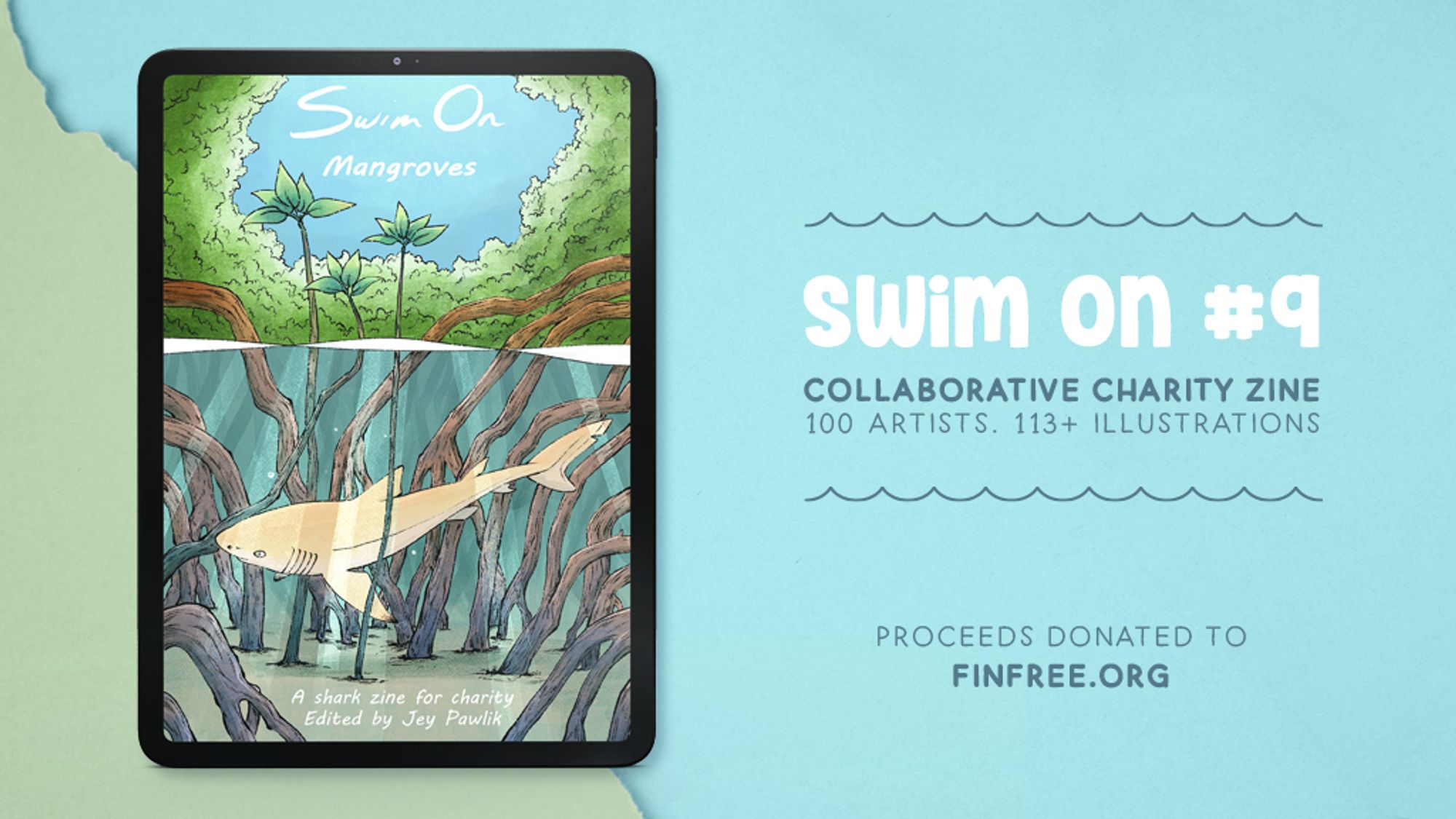 An iPad showing a preview for Swim On Issue #9; a Collaborative Charity Zine. 