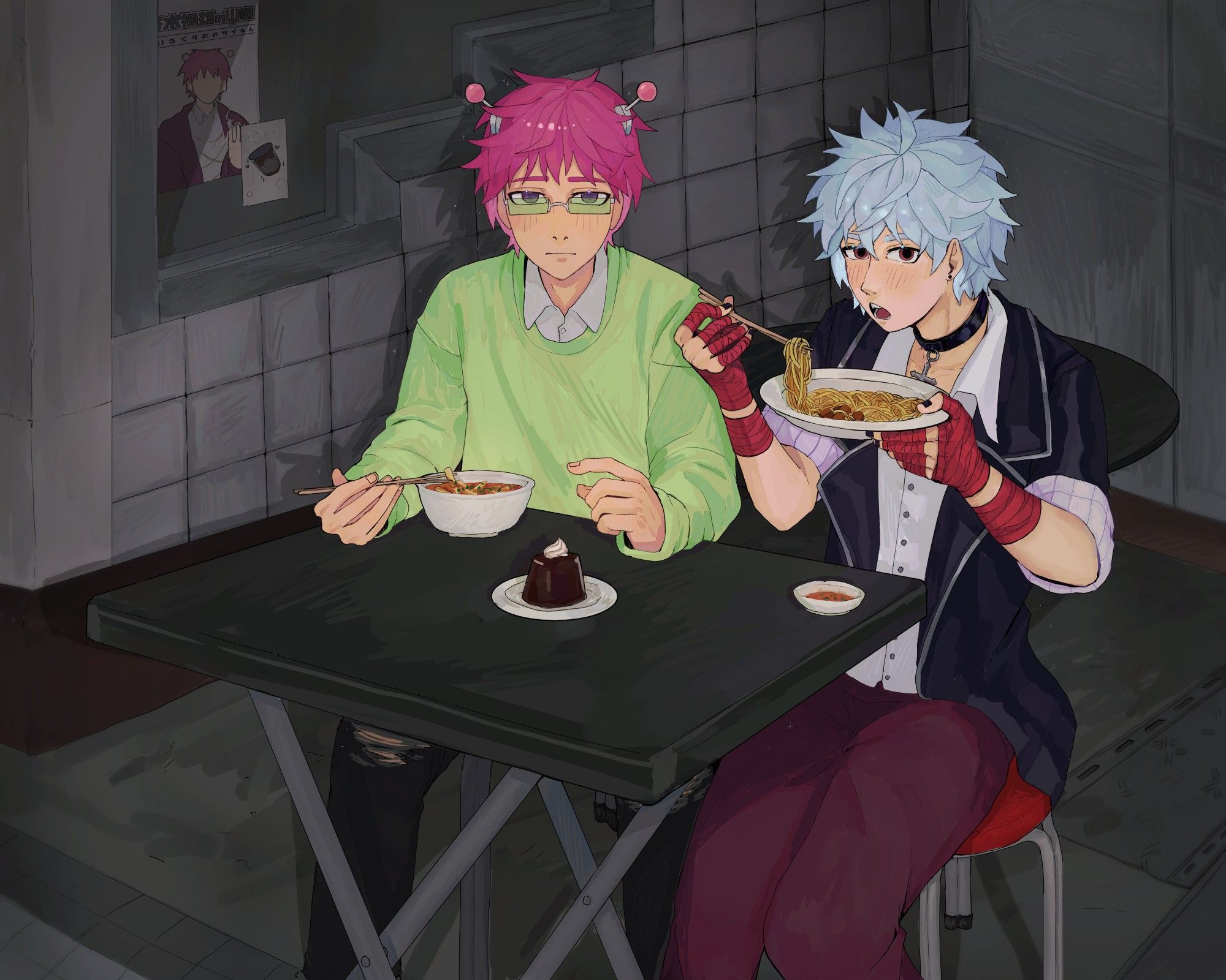 A zoomed out version of the previous image. 
(Saiki kusou and kaidou shun from the disastrous life of saiki K. sitting on red stools behind a black table. They are looking at the camera while holding food, saiki is eating rice cake sticks and kaidou is eating noodles with meat pieces. Theres a coffe jelly on the table. They are sitting in an empty of restaurant outside.)