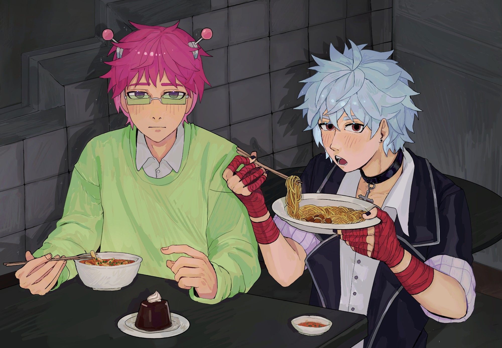 Saiki kusou and kaidou shun from the disastrous life of saiki K. sitting on red stools behind a black table. They are looking at the camera while holding food, saiki is eating rice cake sticks and kaidou is eating noodles with meat pieces. Theres a coffe jelly on the table. They are sitting in an empty of restaurant outside.