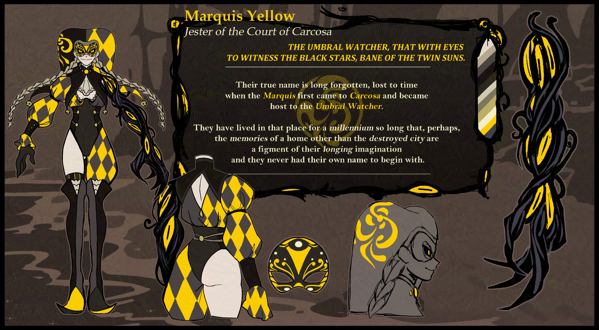 Reference Image of Marquis Yellow, an Eldritch Jester inspired by the King in Yellow.