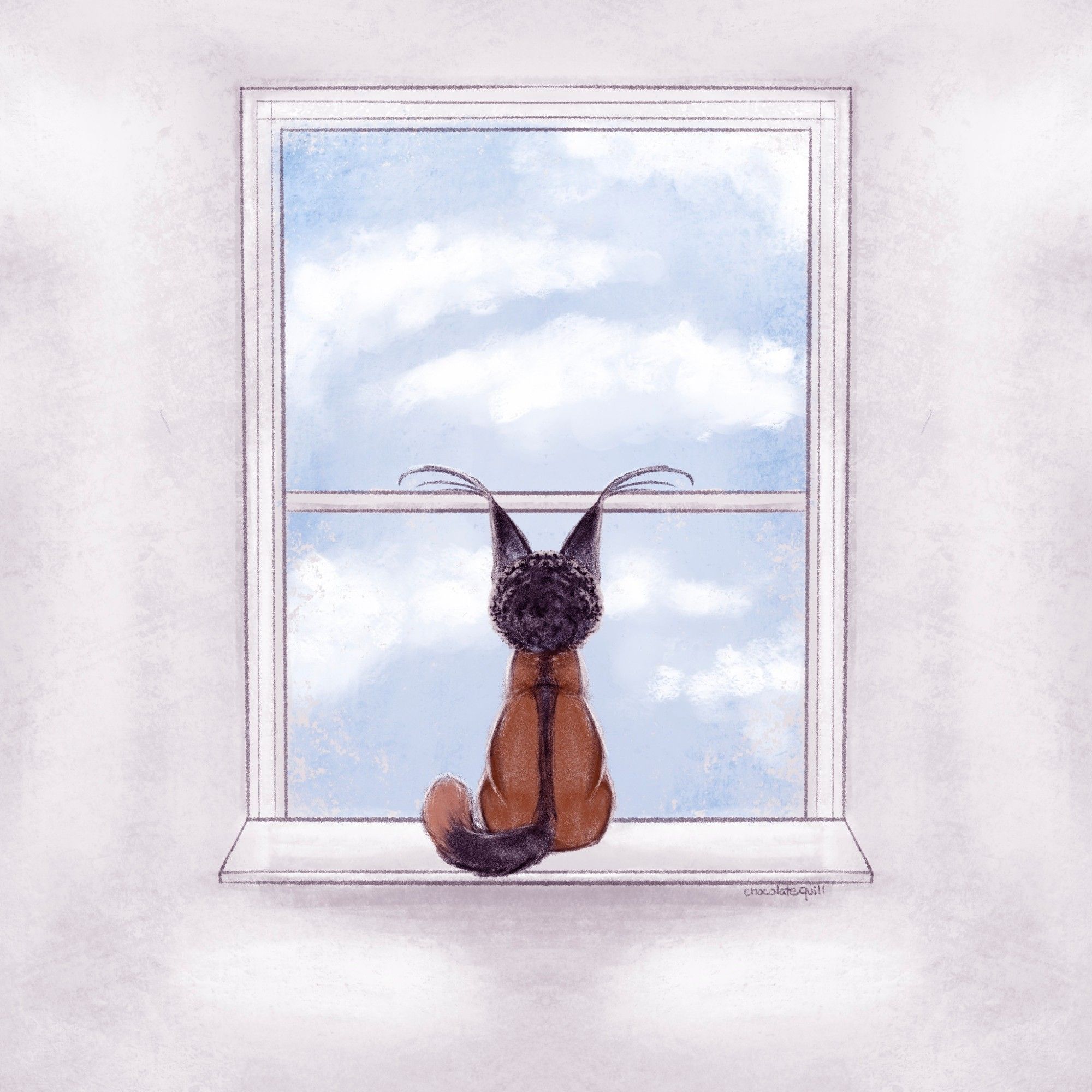 A small caracal with an afro is staring out a window, facing a blue cloudy sky. 