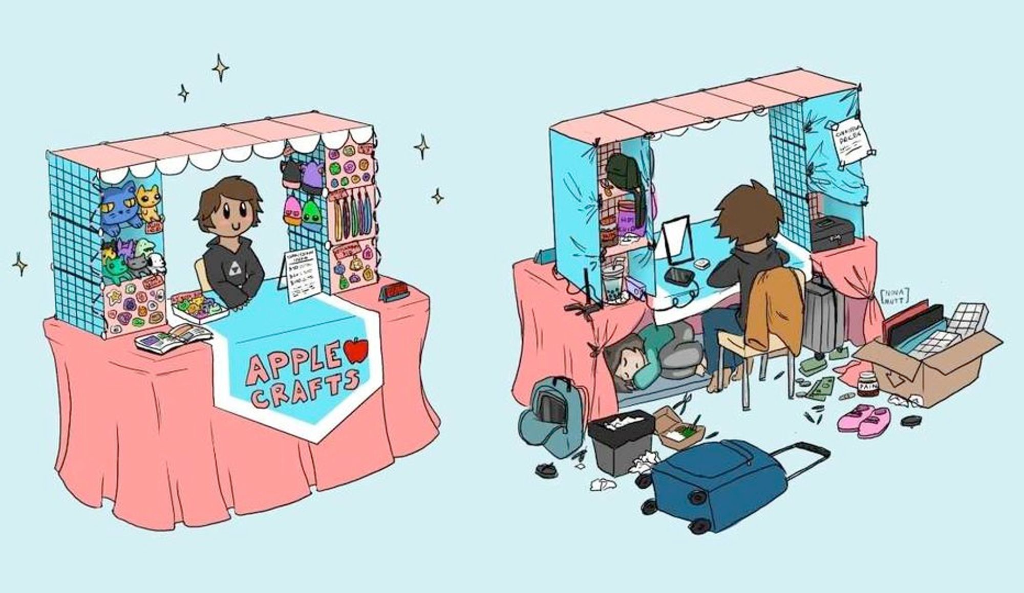 A cartoon illustration showing an Artist's Alley booth from two angles. On the viewer's left, we see a front shot of the booth. It is clean and professionally set up, with a banner reading "Apple Crafts", everything neatly organized and arranged and the vendor looking eagerly on.

The image on the viewer's right is the booth from the back. It is a chaotic mess with con supplies, luggage, boxes and other detritus spread everywhere.