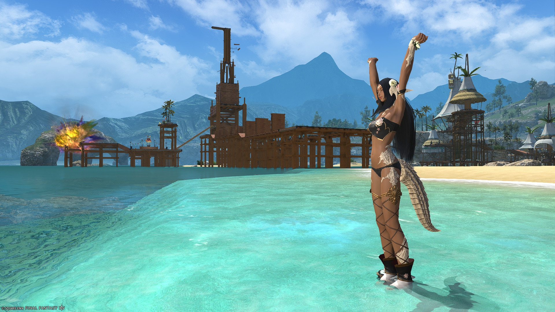 Maral Malaguld, wearing a black swimsuit with floral motifs, having a nice stretch while standing in the surf near Costa del Sol. Visible in the background are the Moonfire jumping puzzle and an explosion.