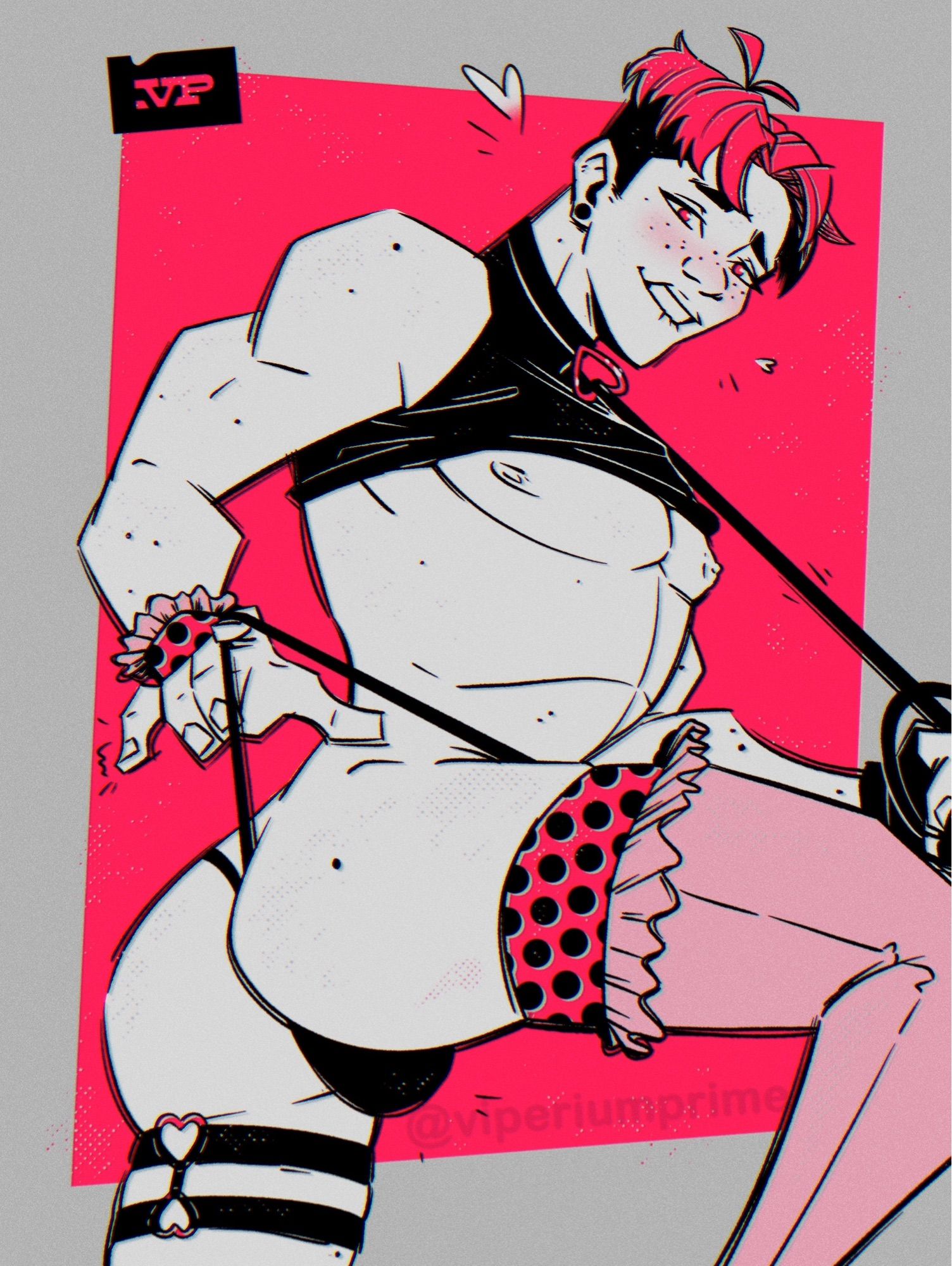 Illustration of a pink haired man in strappy lingerie with polka dot accents. He pulls on a leash while biting his lip and plucks at his underwear strap