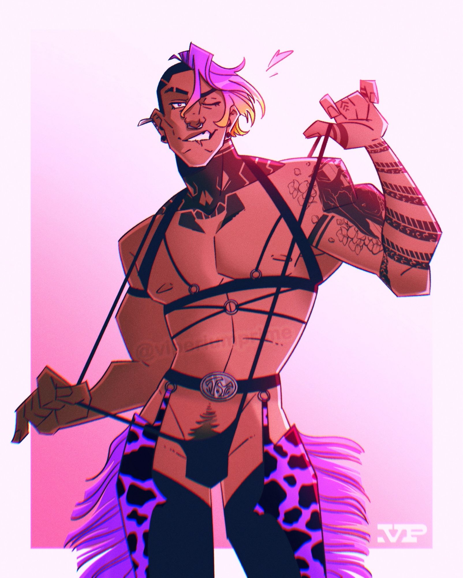 Illustration of my oc, TY, in strappy black lingerie with fringe chaps. He has purple hair and tattoos. TY winks at the viewer as he pulls on two straps