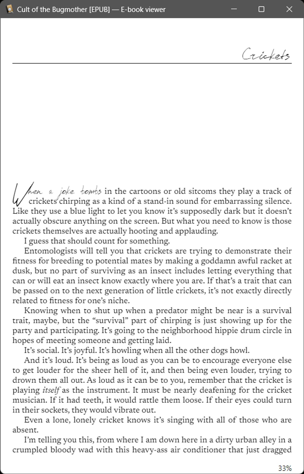 Sample page from the ebook "Cult of the Bugmother": 


The first page of the short story "Crickets", full text.