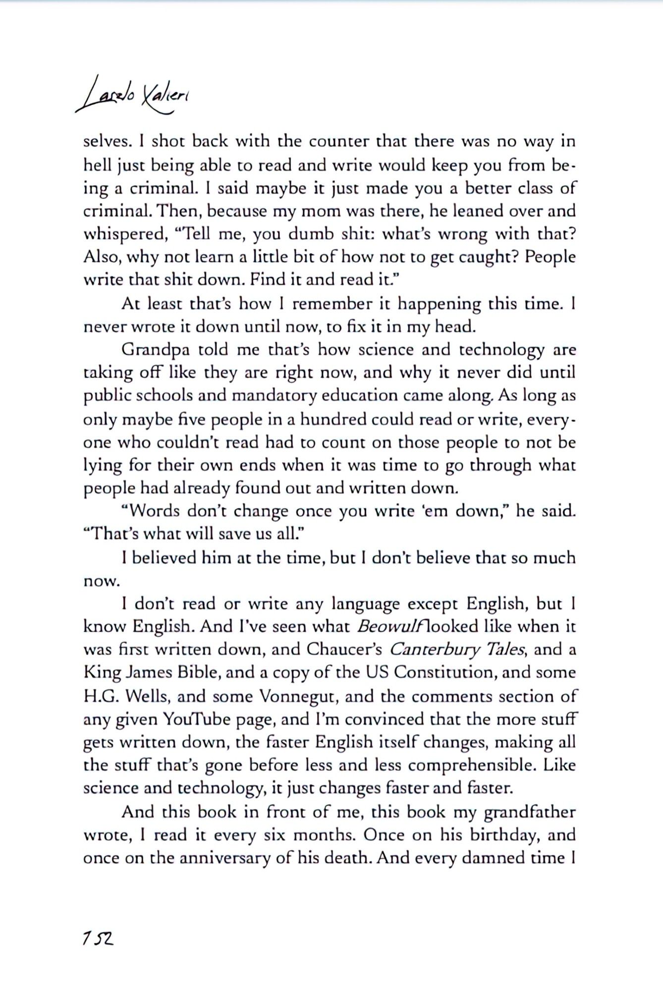 a screenshot of page 152 from the PDF version of Laszlo Xalieri's "This One Time" weird-lit mosaic novel, page two of a three-page sample fragment titled "This one time I was rereading a book I know I had read maybe thirty times..."