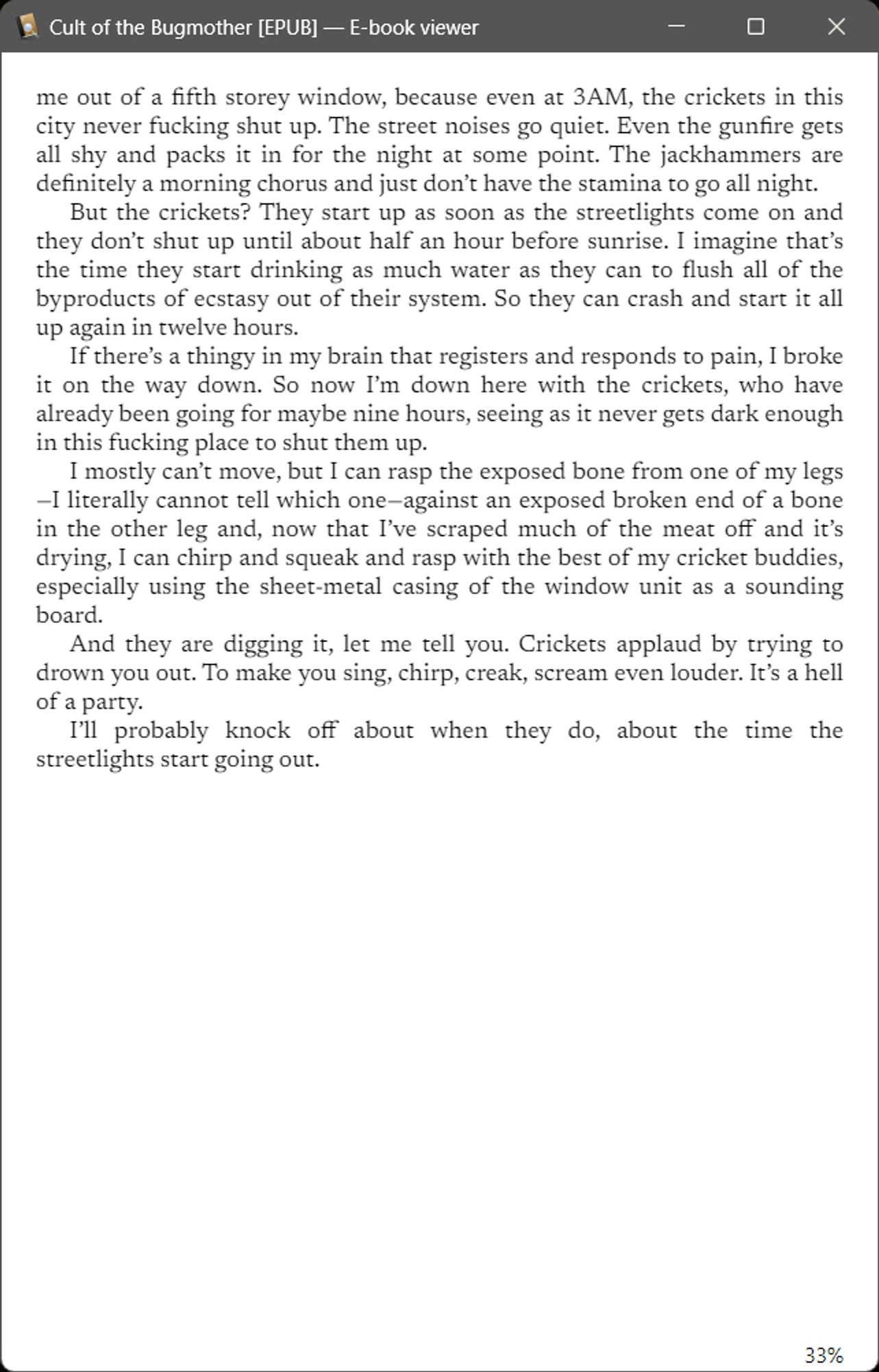 Sample page from the ebook "Cult of the Bugmother": 


The second page of the short story "Crickets", full text.