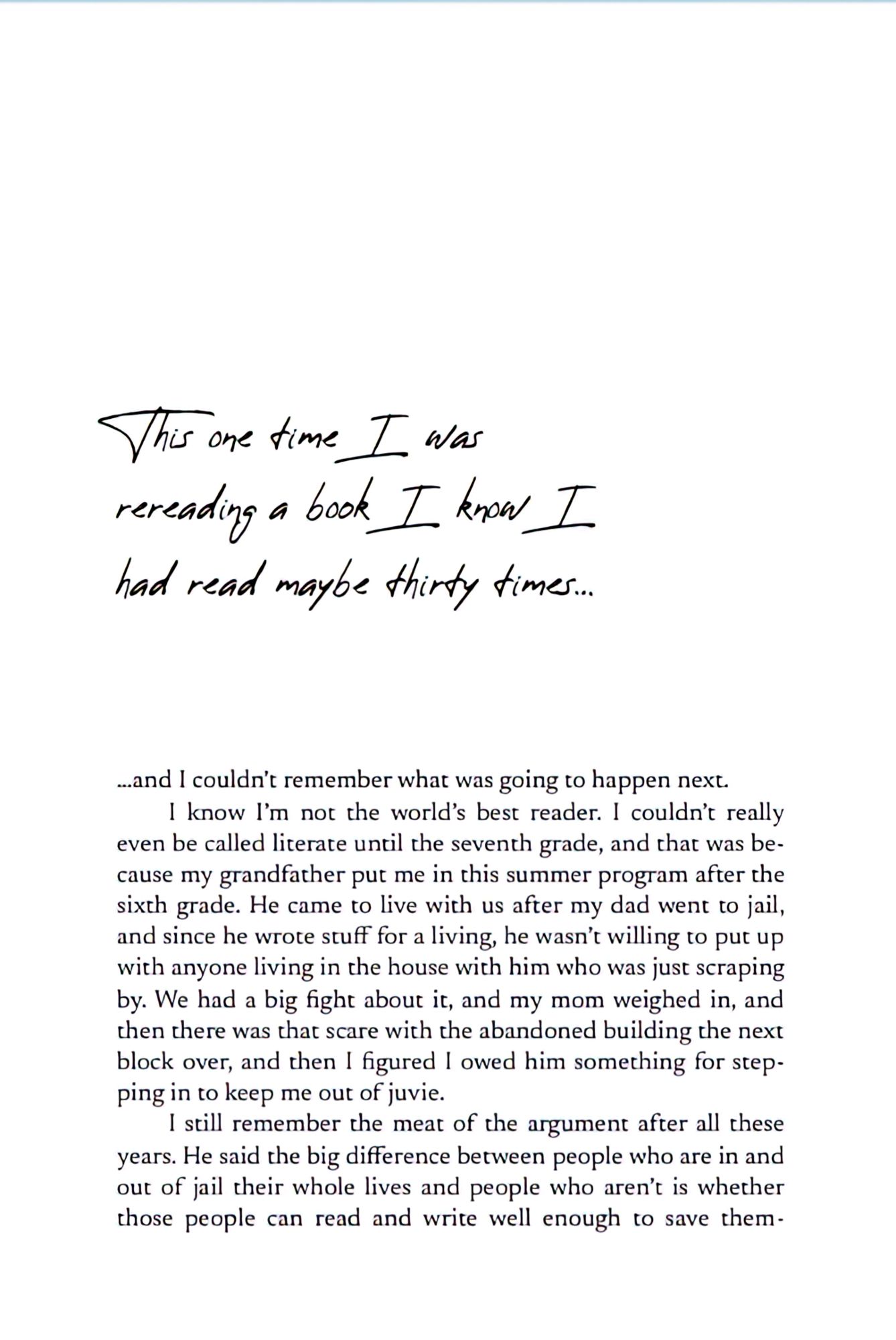 a screenshot of page 151 from the PDF version of Laszlo Xalieri's "This One Time" weird-lit mosaic novel, page one of a three-page sample fragment titled "This one time I was rereading a book I know I had read maybe thirty times..."