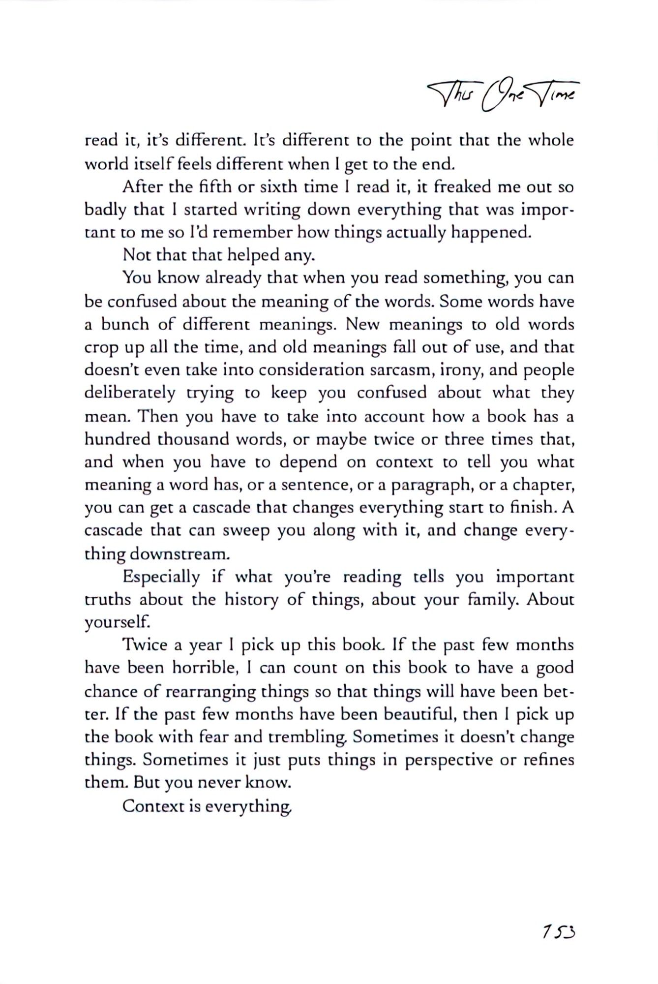 a screenshot of page 153 from the PDF version of Laszlo Xalieri's "This One Time" weird-lit mosaic novel, page three of a three-page sample fragment titled "This one time I was rereading a book I know I had read maybe thirty times..."