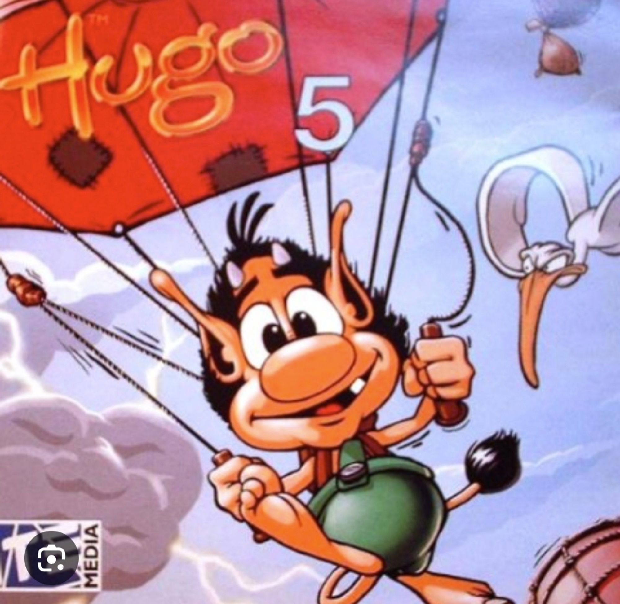 Cover von einem dieser Hugo- Computerspiele, die es mal in den 90ern gab. Das Cover zeigt den Troll Hugo wie er Fallschirm springt. Neben ihm ist ein grimmig guckender weißer Vogel.