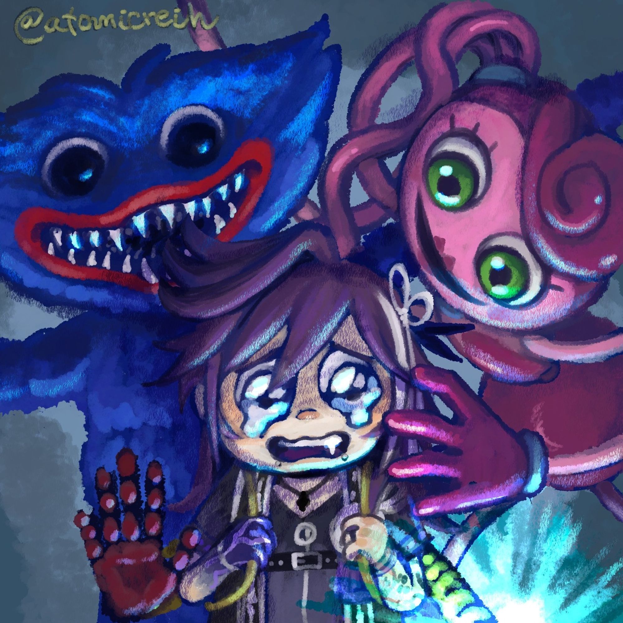 Painting of Vtuber Banzoin Hakka scared while playing Poppy Playtime video game. To his sides are Huggy Wuggy and Mommy Spider, he is wearing the game's hand backpack and trying to open a door