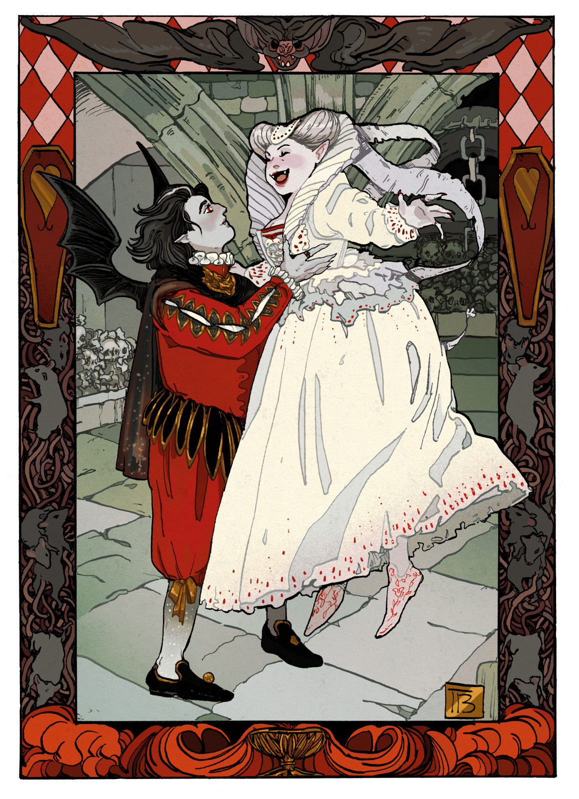 An illustration of two lesbian vampires in a crypt dancing the Volta, as the butch lifts the femme in the air. The butch on the left has grey skin, red eyes & pointed ears. Her hair black with a couple of white streaks. She wears red masculine Elizabethan era clothing, with black and gold accents & white ruffles on the neck and wrists with bat wings sprouting from her back. The femme is in a white ragged Elizabethan gown with red jewel accents and her hair is silver-grey. The decorative border contains a bat up top, a red chequered pattern, coffins with heart motifs, writhing rats with tangled tails & an overspilling blood chalice at the bottom.