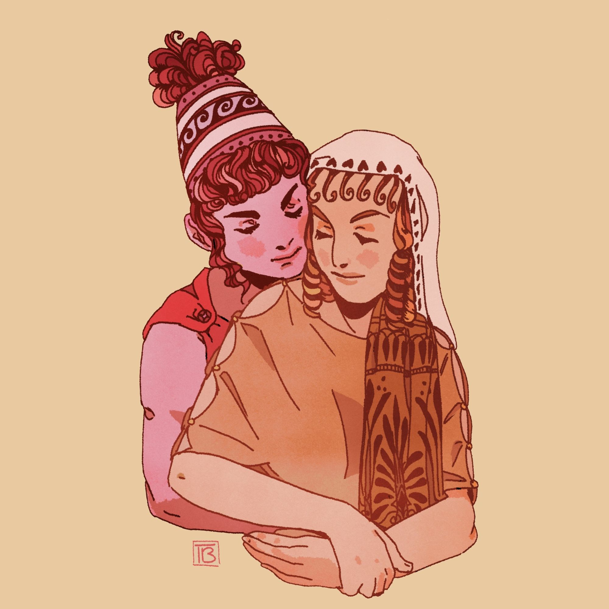 A mid-length illustration of a sapphic couple in Ancient Greek dress.  A woman coloured with a red palette embraces her lover who is coloured in orange tones from behind.