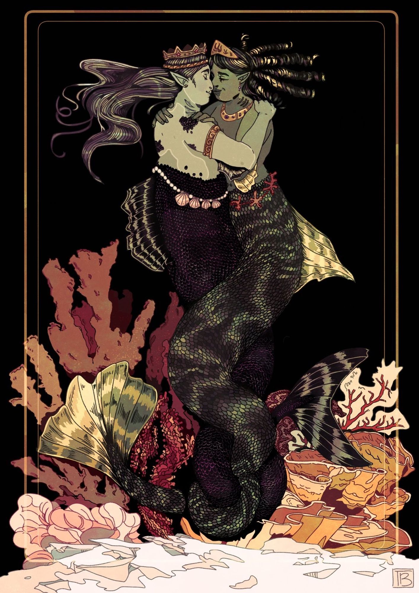 A digital illustration of two lesbian mermaids embracing with eyes closed. Their tails are twisted around each other as they float above the seabed and a mass of different corals in orangey and pink tones. The mermaid on the left has long hair floating in tendrils and greenish-blue skin. She wears a gold headband and crown and a gold arm band with gold studs in her ears. Around her middle is a belt of pearls and clam shells. Her scales are of shimmering dark purples and pinks with pale green. Her partner’s skin is of a darker green and she wears her hair in several dark green ringlets, shimmering with yellow light. She wears a golden diadem with a frond motif and a band necklace. Her belt is a string of corals. Her tale is shiny dark green with yellow-green fins. The background is black and there is a thin border of gold double lines overlaying the drawing.