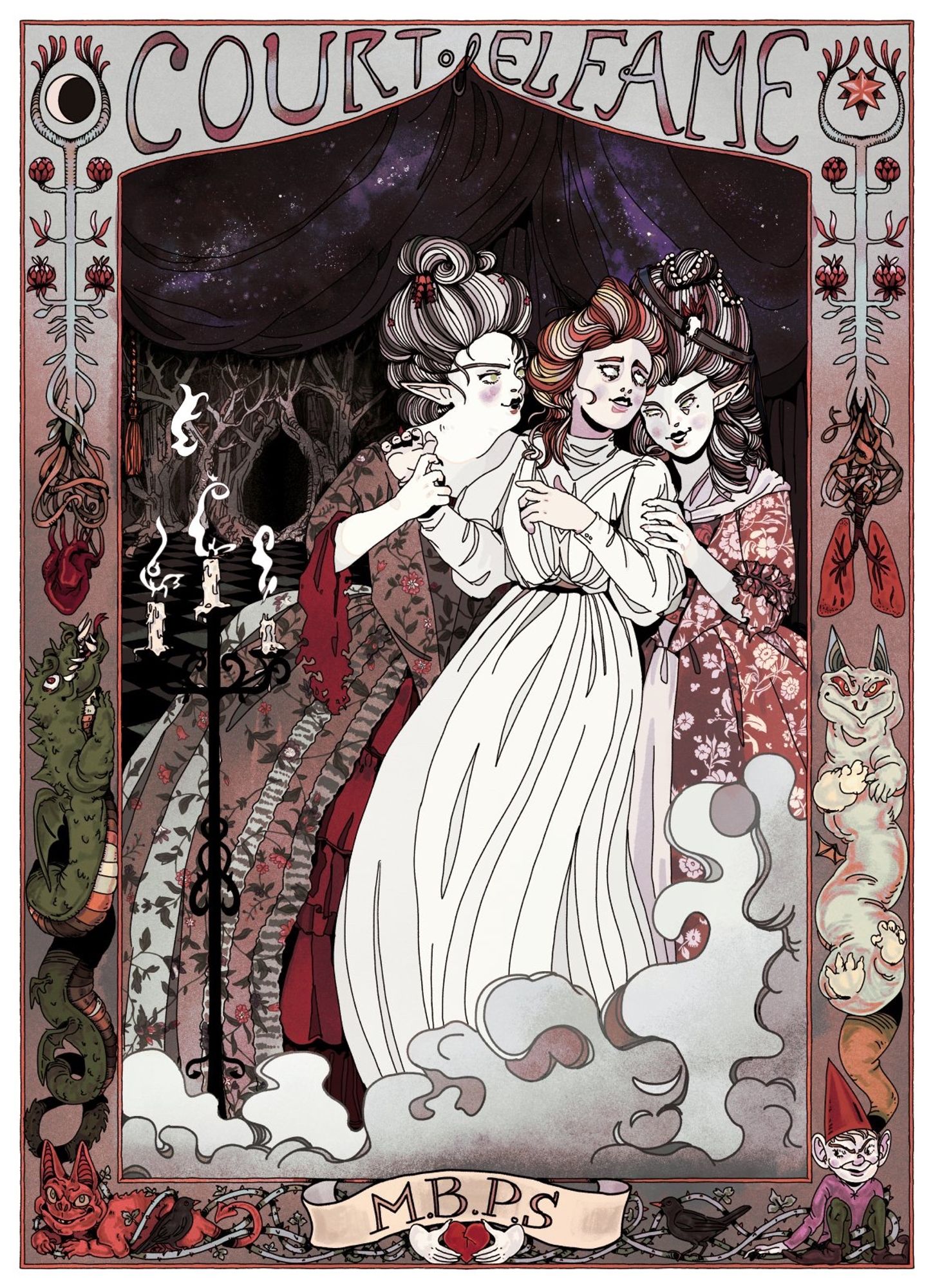 An illustration of an Edwardian-era woman enthralled by her faerie captors who are dressed in the flower patterned mantles and tall powdered hair of the 18th century, surrounded by swirling mists. Behind them is a mysterious doorway of gnarled trees and a chequered floor, curtains hang seeming to contain the night sky itself. The decorative border reads ‘Court of Elfame’ at the top, with strange plants fed by hearts and lungs at the roots either side holding a Moon and star in their branches. Artful looking green and white dragons with their lithe curling bodies are blow this with a red imp and a mischievous gnome entangled within brambles. Two blackbirds sit upon these entwining branches and within the middle is a scroll which says ‘M.B.P.S’ atop a pair of hands clutching a broken heart.