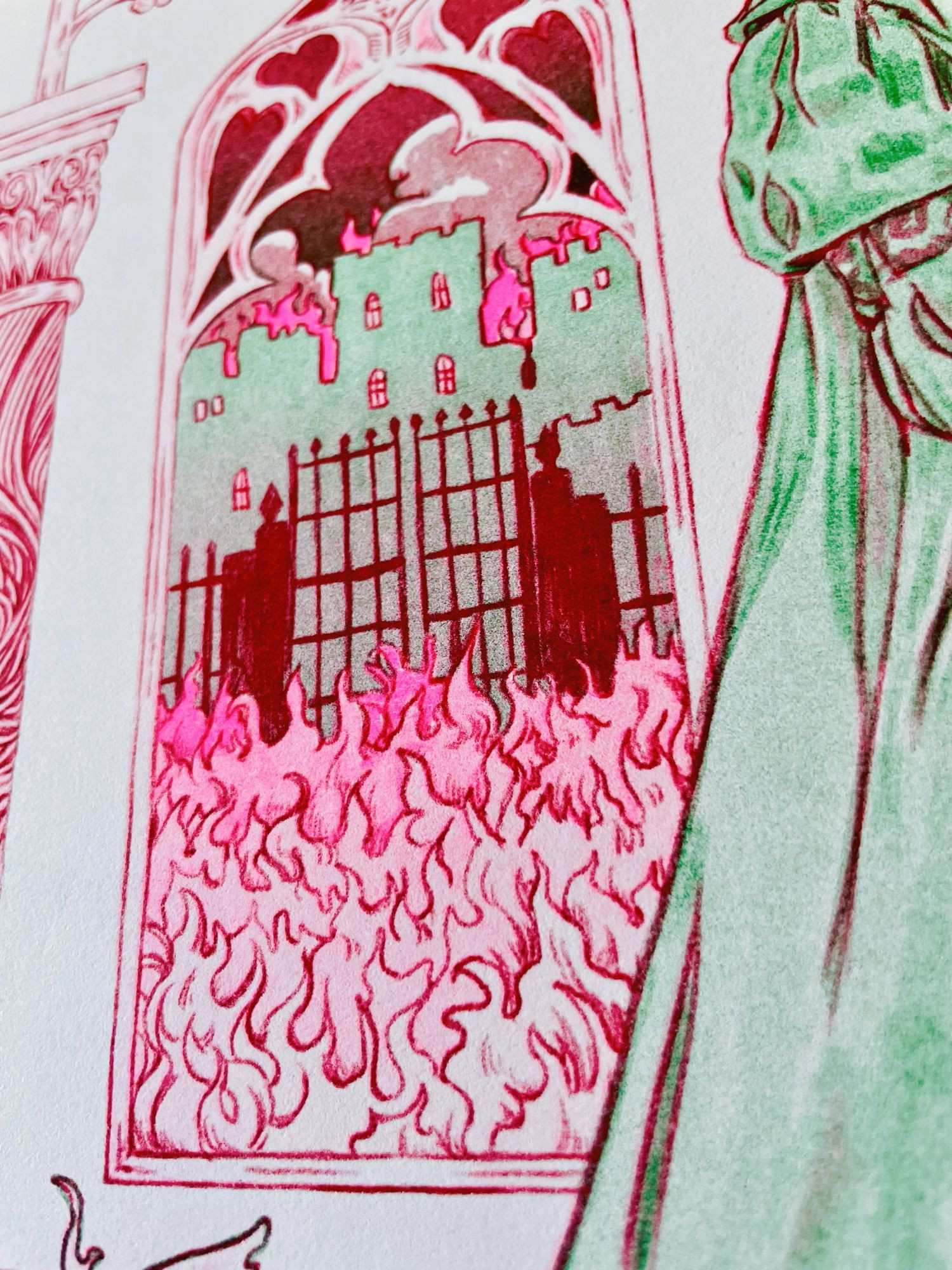 A closeup of the flames in the print in fluorescent pink.