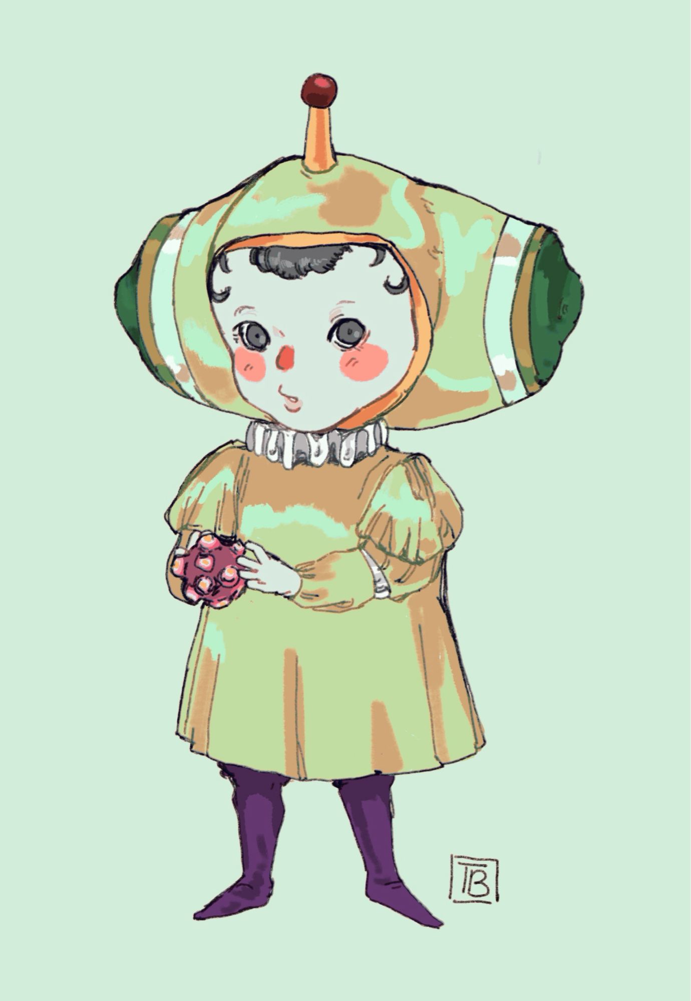 My interpretation of the Prince from the Katamari games, he holds a small pink katamari ball in his hands.