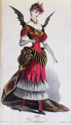 An illustration from the late 19th century of a ladies' Halloween costume. It is a red dress with black and gold accents and devilish faces. She has a starry brown, possibly velvet train and bat wings on the back. 