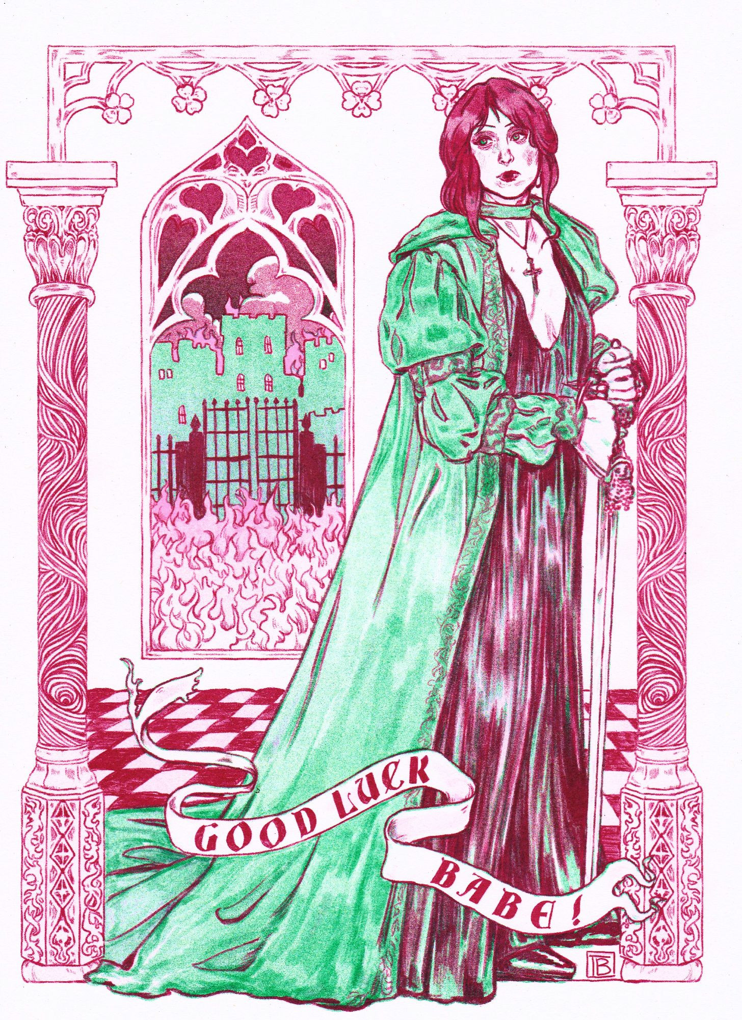 A riso print of Chappell Roan in a limited pink and green palette. She is wearing her gown from the VMAs red carpet & holding a sword. She is bordered by decorative pillars with hearts and four-leaf clovers. Behind her is a chequered floor and a gothic window through which we see a castle in flames. In front is text on ribbon saying 'GOOD LUCK BABE!'