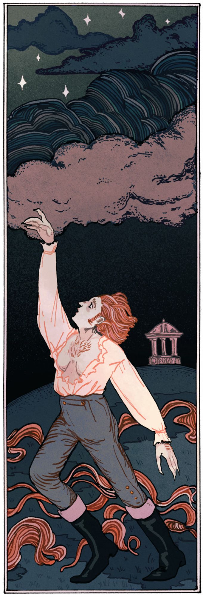 A thin vertical illustration in a blue-red subdued palette of a butch werewolf forlornly reaching to the clouded over sky, bereft of the moon. She is on a lonely misty hill with a stone Regency ‘temple’ in the background. She wears a Regency style shirt, open to reveal her bare chest with breeches and calf-length boots. Her hair is shoulder length, windswept with sideburns.